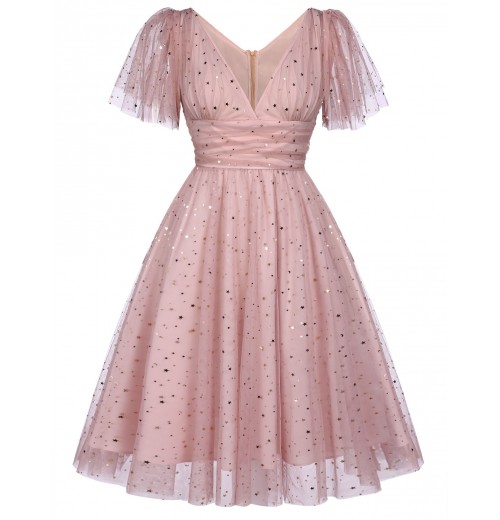 Pink  Star Sequin Lace Swing Dress