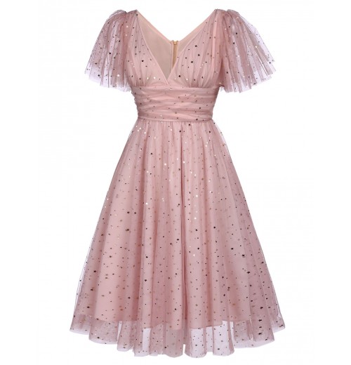 Pink  Star Sequin Lace Swing Dress