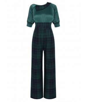 Pre-Sale Green  Plaid Patchwork Puff Jumpsuit