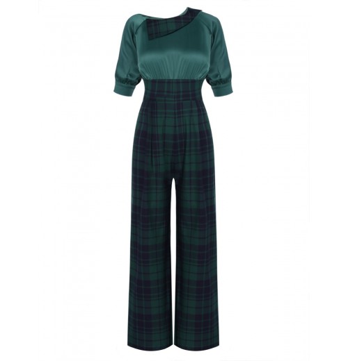 Pre-Sale Green  Plaid Patchwork Puff Jumpsuit