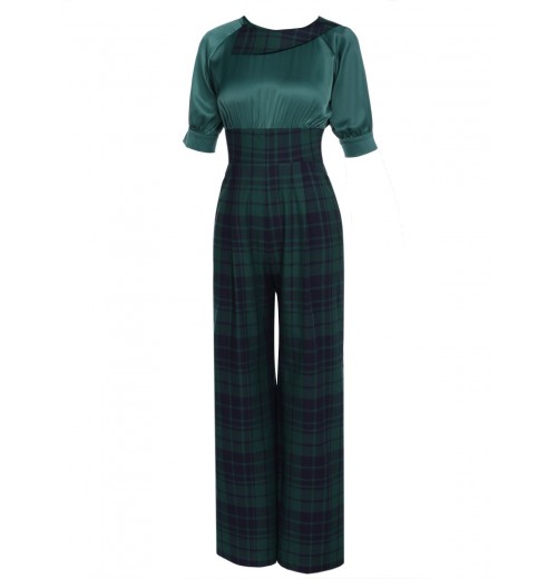 Pre-Sale Green  Plaid Patchwork Puff Jumpsuit