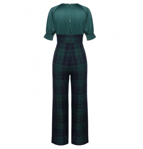 Pre-Sale Green  Plaid Patchwork Puff Jumpsuit