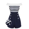 Navy Blue  Patchwork Off-shoulder Striped Romper