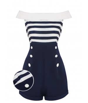 Navy Blue  Patchwork Off-shoulder Striped Romper