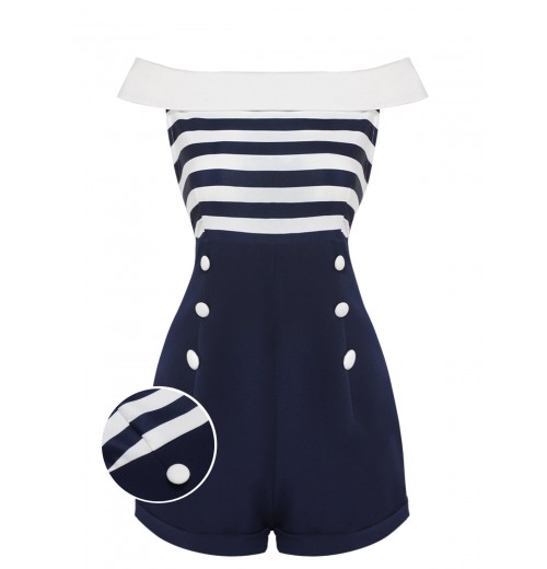 Navy Blue  Patchwork Off-shoulder Striped Romper