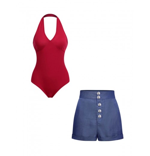 2PCS Red  Bodysuit & Denim Blue Buttons Shorts