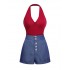 2PCS Red  Bodysuit & Denim Blue Buttons Shorts