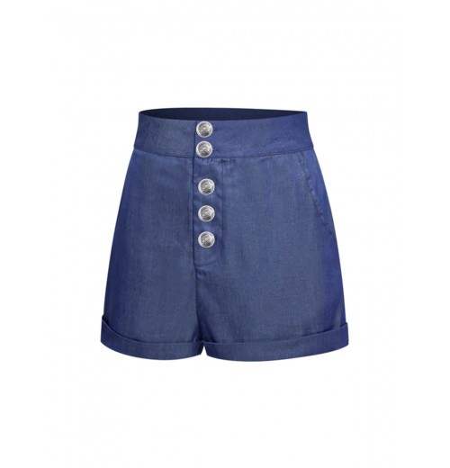 Denim Blue  Solid Buttons Shorts