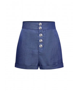 Denim Blue  Solid Buttons Shorts