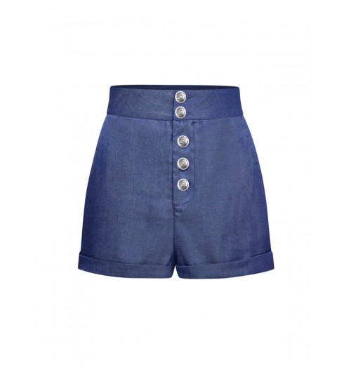 Denim Blue  Solid Buttons Shorts