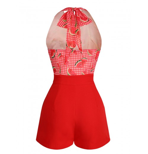 Watermelon Red  Halter Patchwork Romper