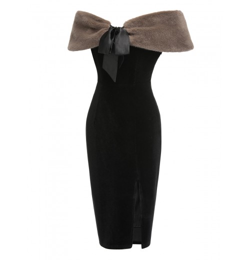 2PCS Black  Solid Dress & Plush Cape