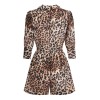 2PCS  Leopard Lapel Romper & Khaki Skirt