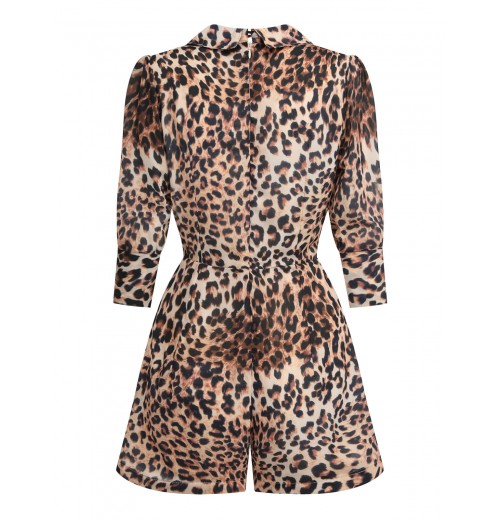 2PCS  Leopard Lapel Romper & Khaki Skirt