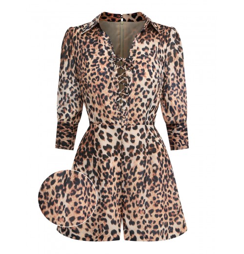 2PCS  Leopard Lapel Romper & Khaki Skirt