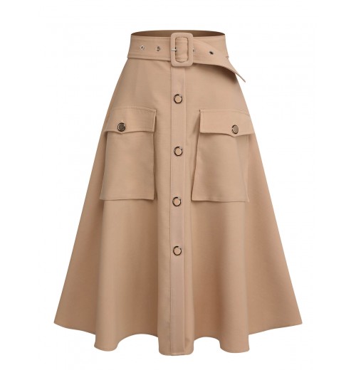 Khaki  Big Pockets Button Skirt