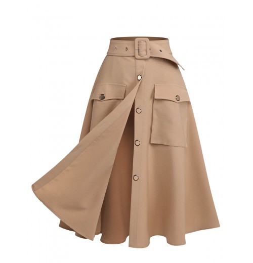 Khaki  Big Pockets Button Skirt