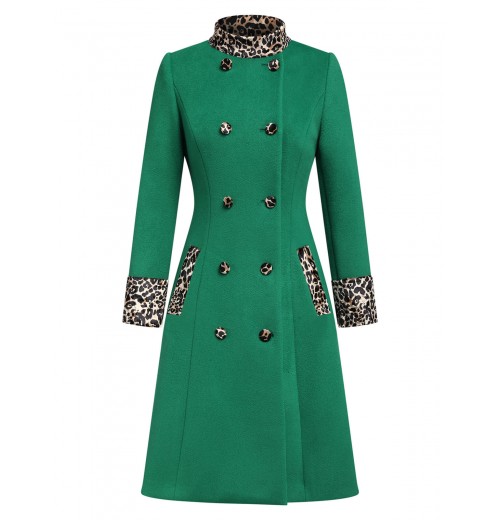 Green  Leopard Patchwork Button Coat