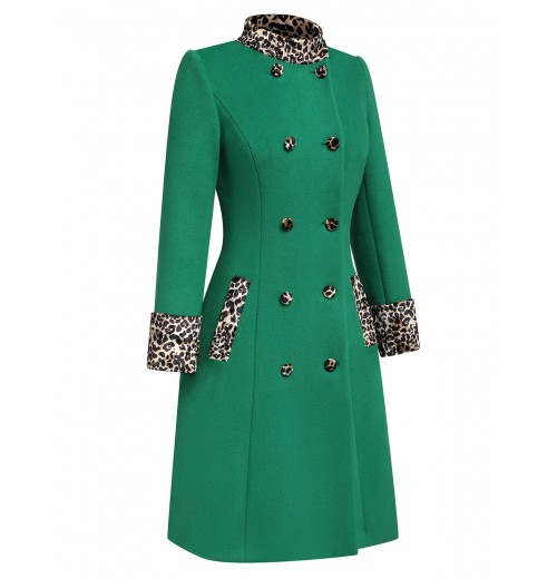 Green  Leopard Patchwork Button Coat