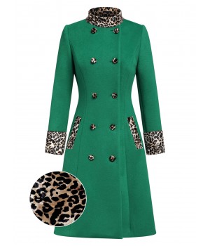 Green  Leopard Patchwork Button Coat