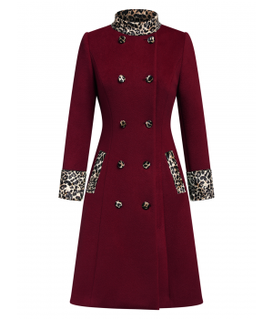 Wine Red  Leopard Patchwork Button Coat