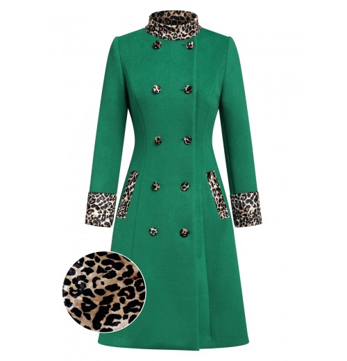 Green  Leopard Patchwork Button Coat