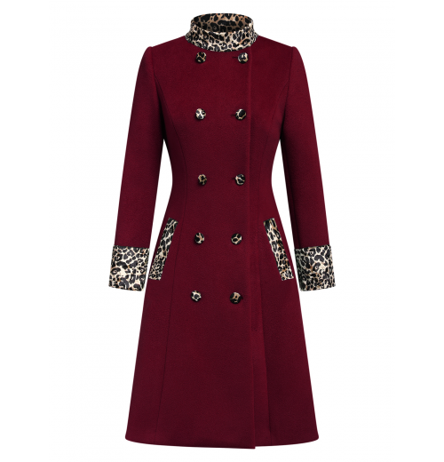 Wine Red  Leopard Patchwork Button Coat