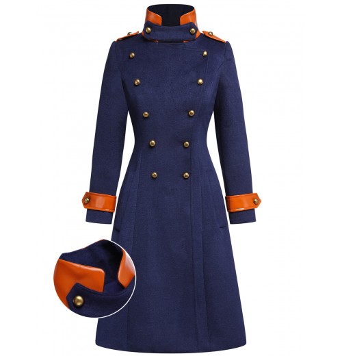 Navy Blue  Patchwork Button Coat