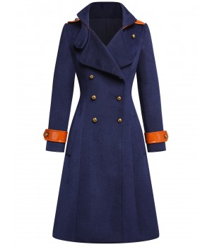 Navy Blue  Patchwork Button Coat