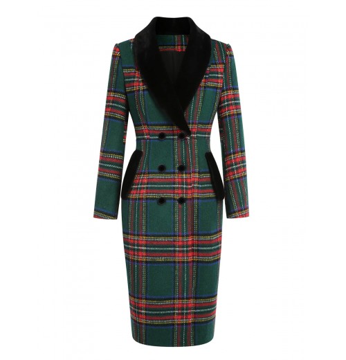 Green  Plaid Fur Collar Pencil Coat