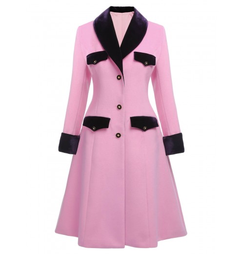 Pink  Velvet Patchwork Button Coat