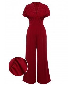 Wine Red  V-neck Solid Wrap Jumpsuit