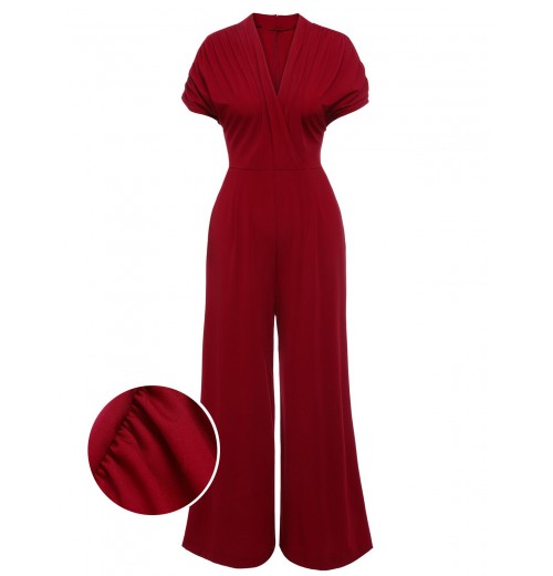 Wine Red  V-neck Solid Wrap Jumpsuit