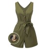 Army Green  V-Neck Button Waist Tie Romper