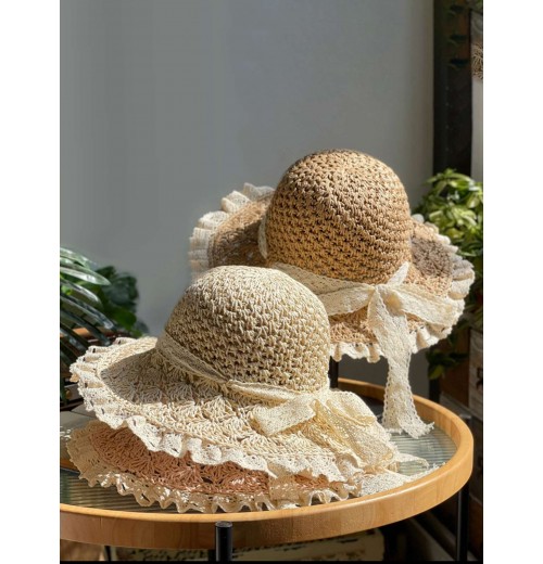 Beige Hand-made Lace Bow Sun Hat