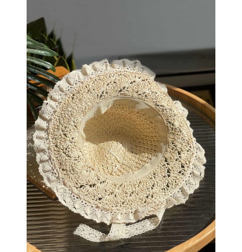 Beige Hand-made Lace Bow Sun Hat