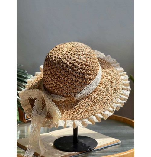 Beige Hand-made Lace Bow Sun Hat