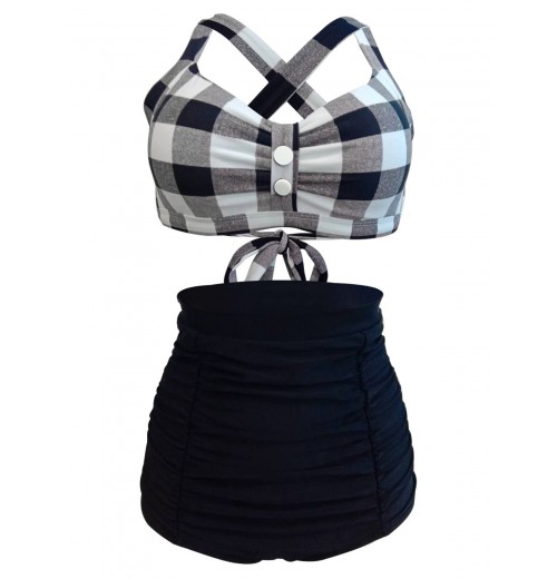  Plaid Criss Cross Pleated Bikini