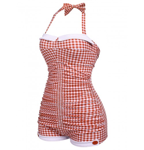 Checked  Halter Bowknot One-piece Swimsuit