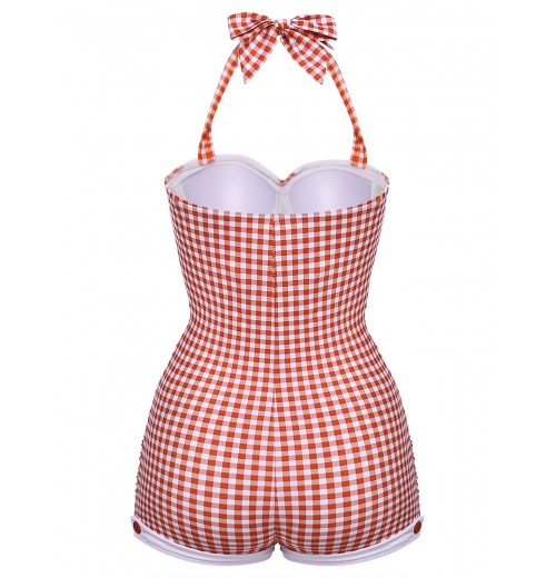 Checked  Halter Bowknot One-piece Swimsuit