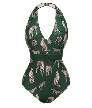 Green  Jaguar Vintage Halter One-piece Swimsuit