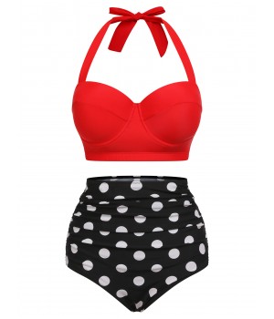 2PCS Red  Dots Halter Swimsuit