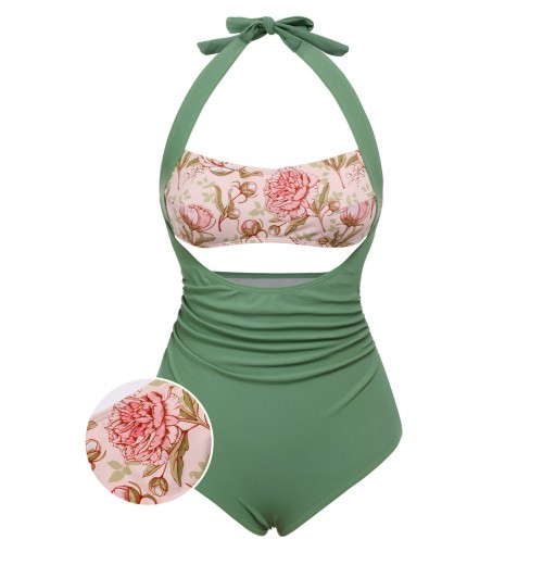 Green  Peony Halter One-Piece Swimsuit