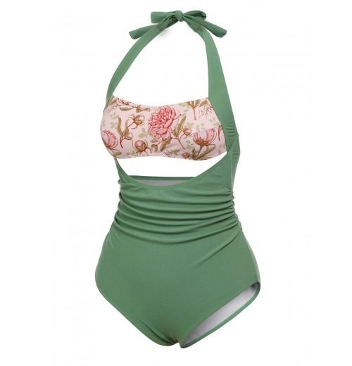 Green  Peony Halter One-Piece Swimsuit