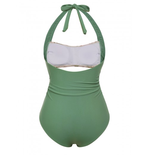 Green  Peony Halter One-Piece Swimsuit