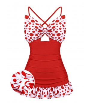  Polka Dot Bowknot Patchwork Swimsuit