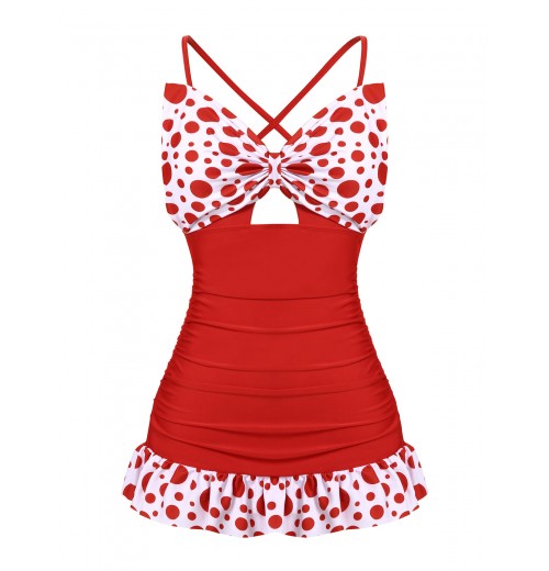  Polka Dot Bowknot Patchwork Swimsuit