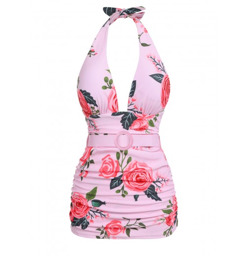 Pink  Roses Halter Belt Swimsuit