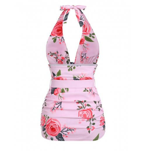 Pink  Roses Halter Belt Swimsuit