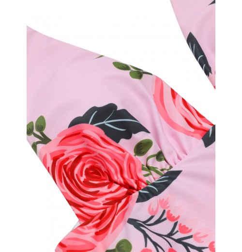 Pink  Roses Halter Belt Swimsuit